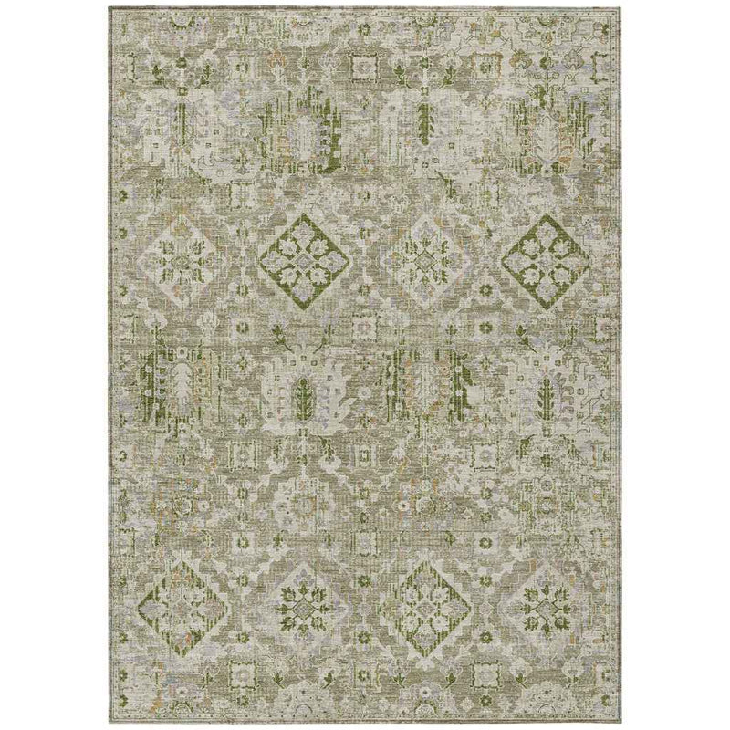 5' X 8' Fern Green And Beige Floral Medallion Washable Indoor Outdoor Area Rug