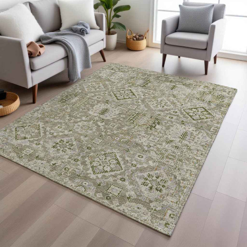 5' X 8' Fern Green And Beige Floral Medallion Washable Indoor Outdoor Area Rug