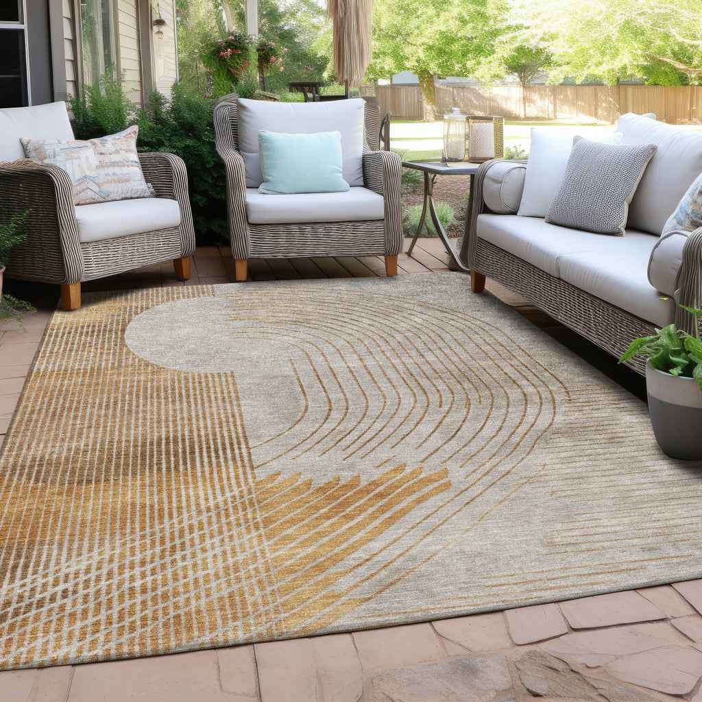 9' X 12' Gold And Ivory Geometric Washable Indoor Outdoor Area Rug