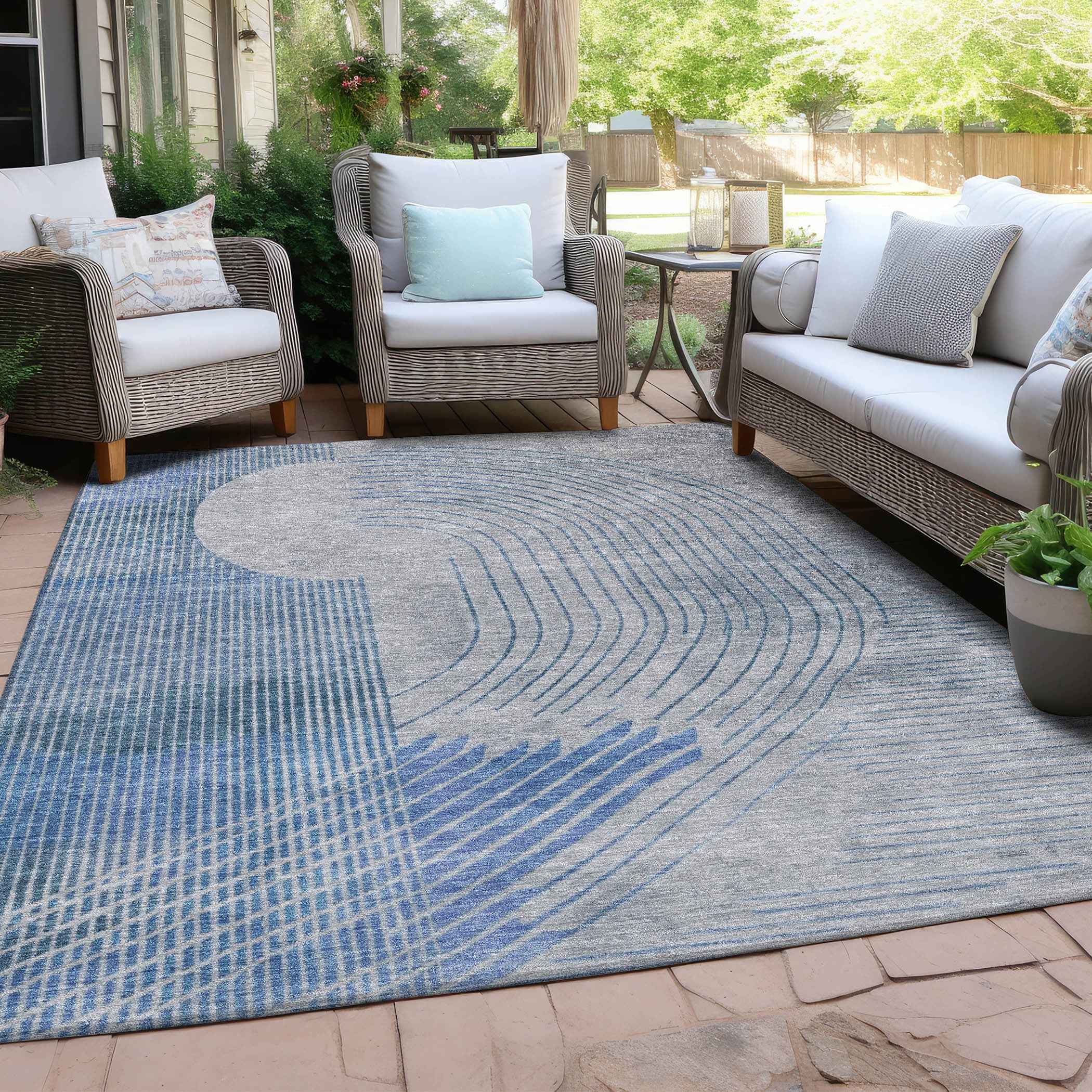 3' X 5' Blue And Gray Geometric Washable Indoor Outdoor Area Rug