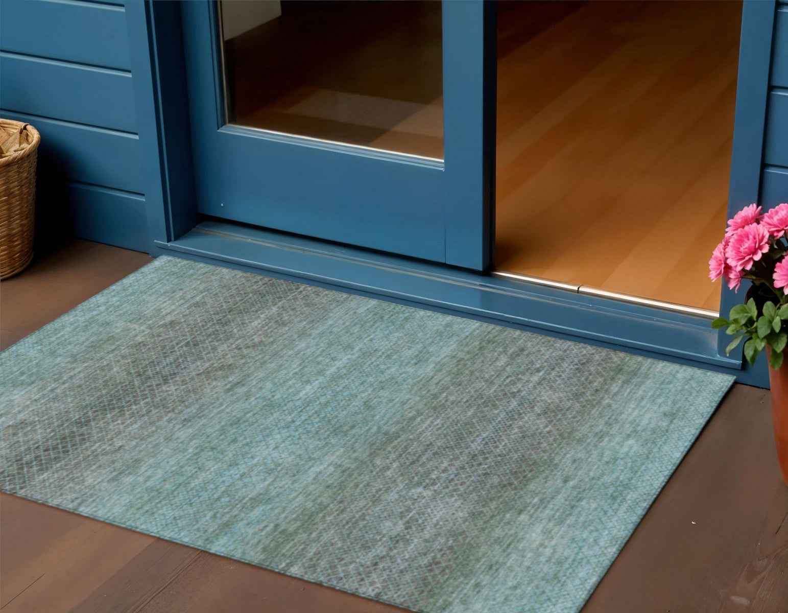 3' X 5' Teal Blue And Brown Geometric Washable Indoor Outdoor Area Rug