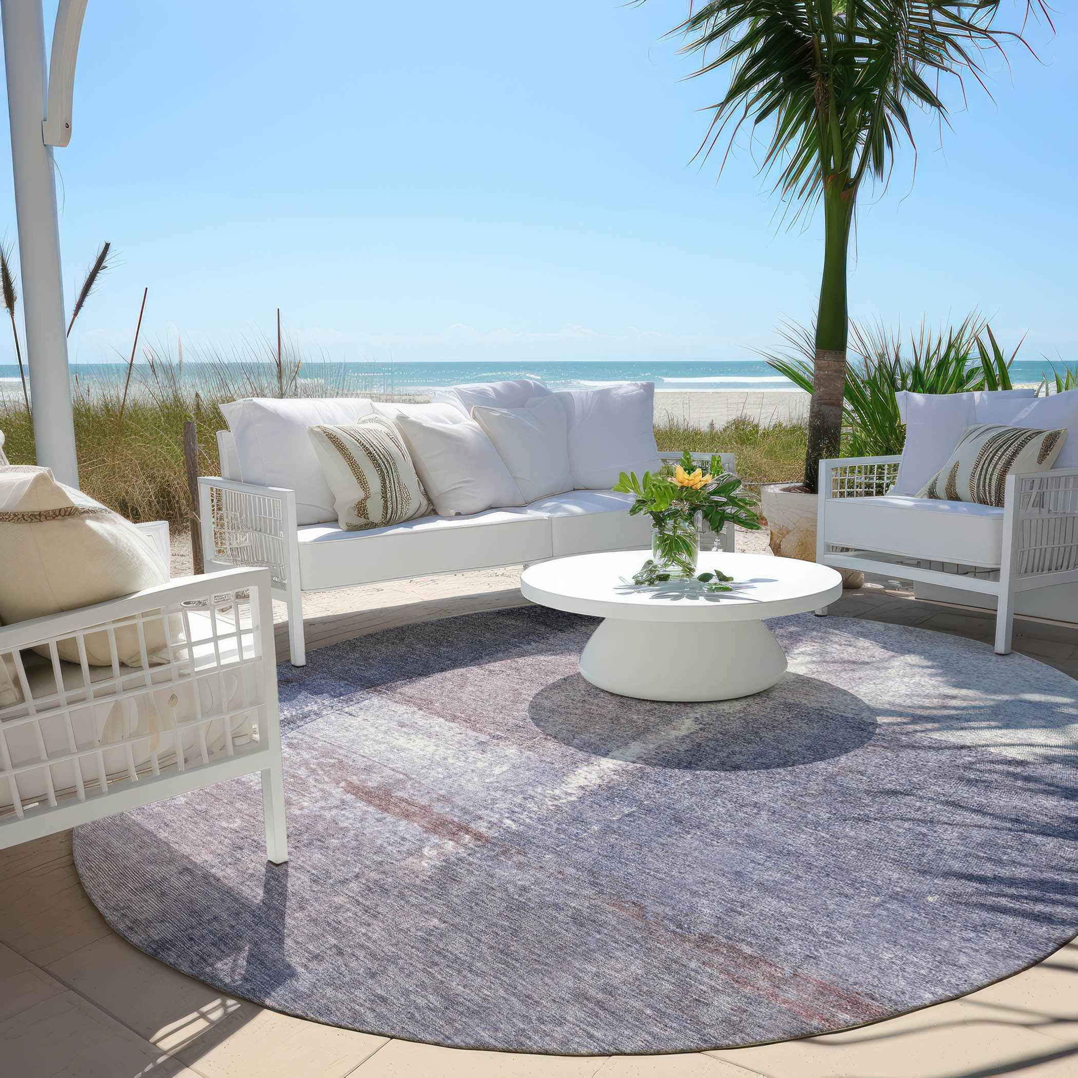 8' Lavender And Ivory Round Abstract Washable Indoor Outdoor Area Rug