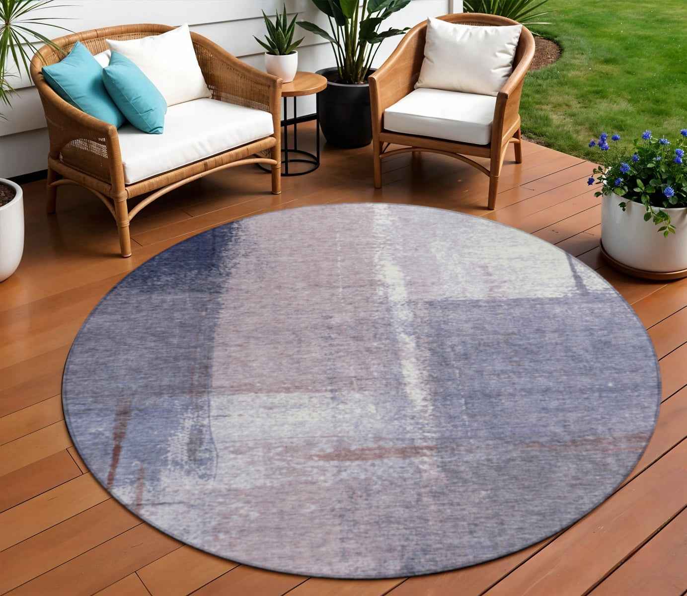 8' Lavender And Ivory Round Abstract Washable Indoor Outdoor Area Rug