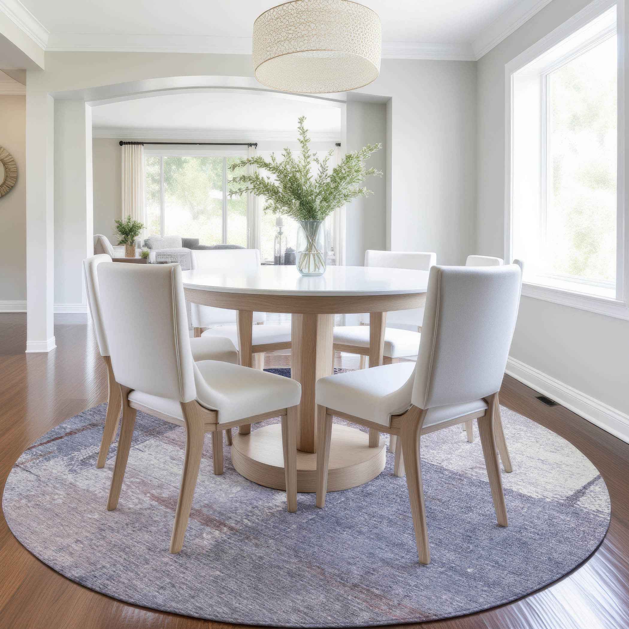 8' Lavender And Ivory Round Abstract Washable Indoor Outdoor Area Rug