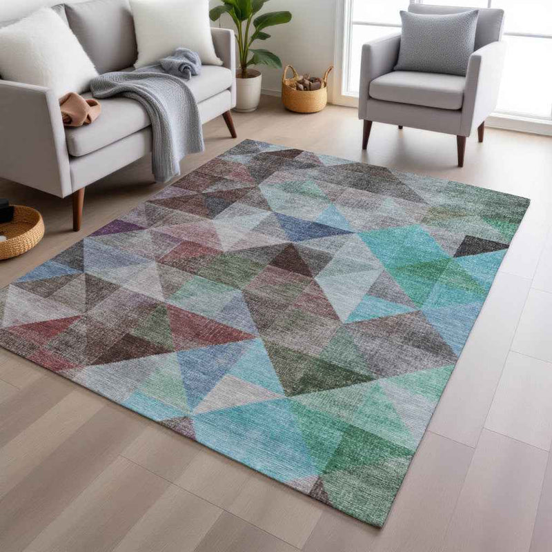 8' X 10' Silver Blue And Purple Geometric Washable Indoor Outdoor Area Rug