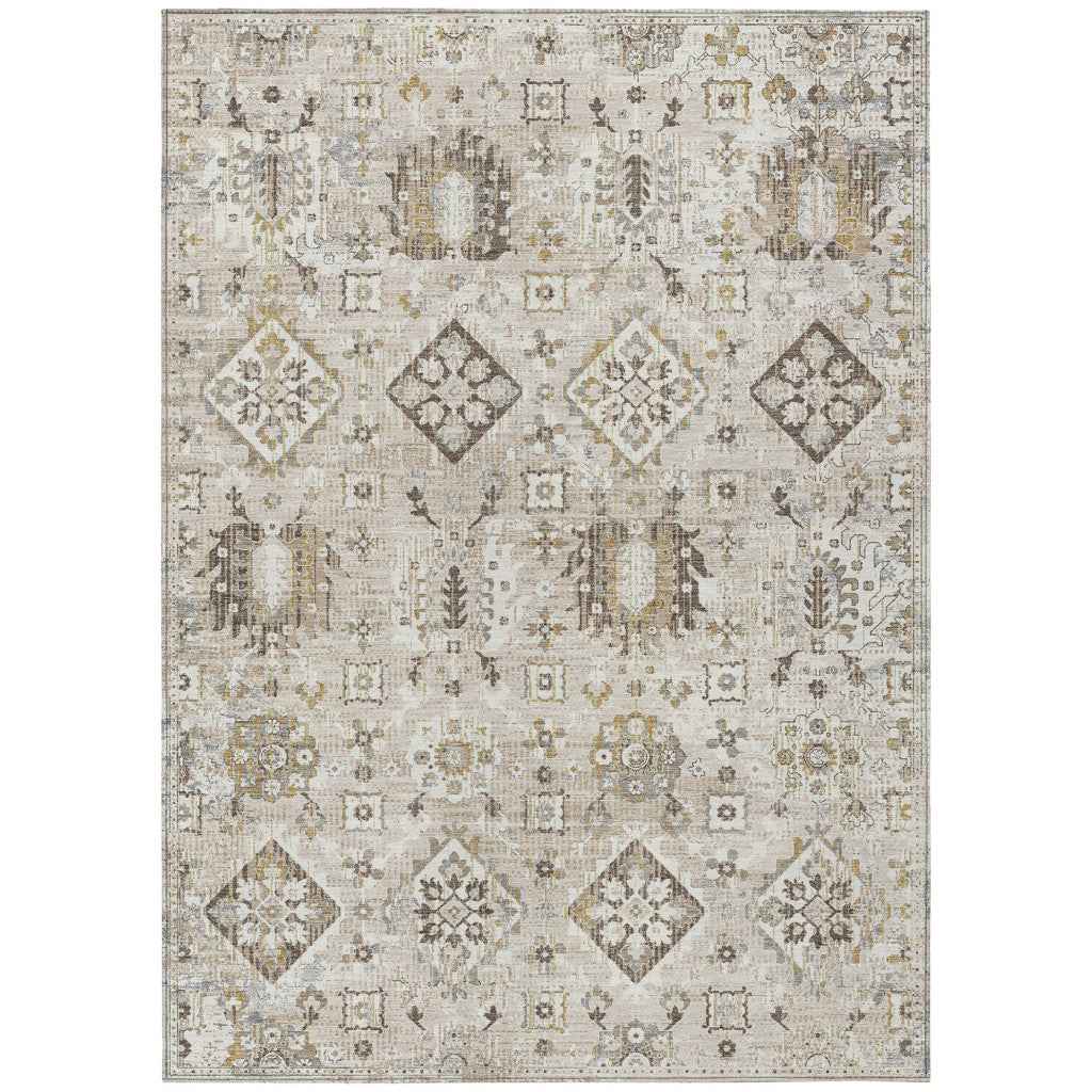 8' X 10' Linen And Ivory Floral Medallion Washable Indoor Outdoor Area Rug