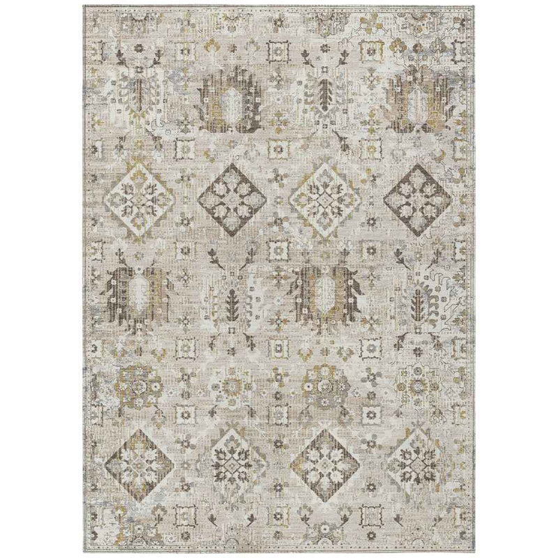8' X 10' Linen And Ivory Floral Medallion Washable Indoor Outdoor Area Rug