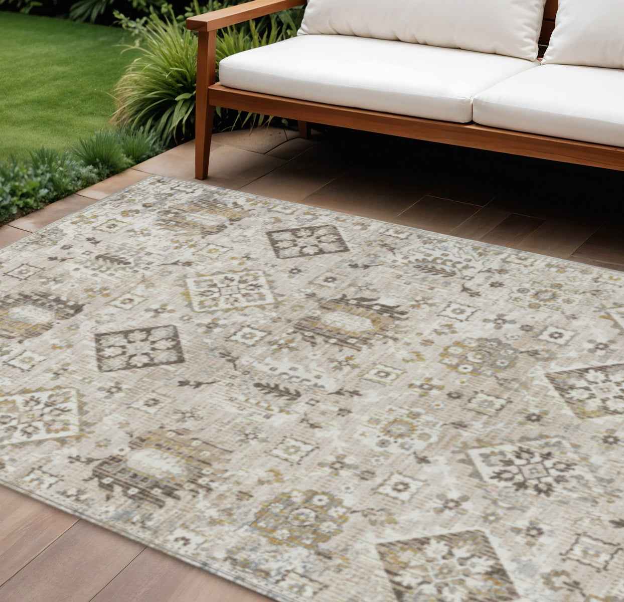 8' X 10' Linen And Ivory Floral Medallion Washable Indoor Outdoor Area Rug