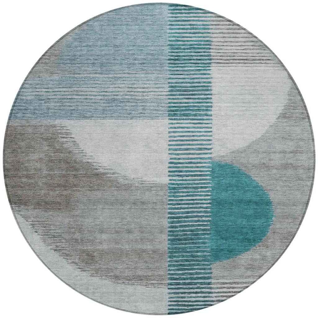8' Teal Blue And Gray Round Geometric Washable Indoor Outdoor Area Rug