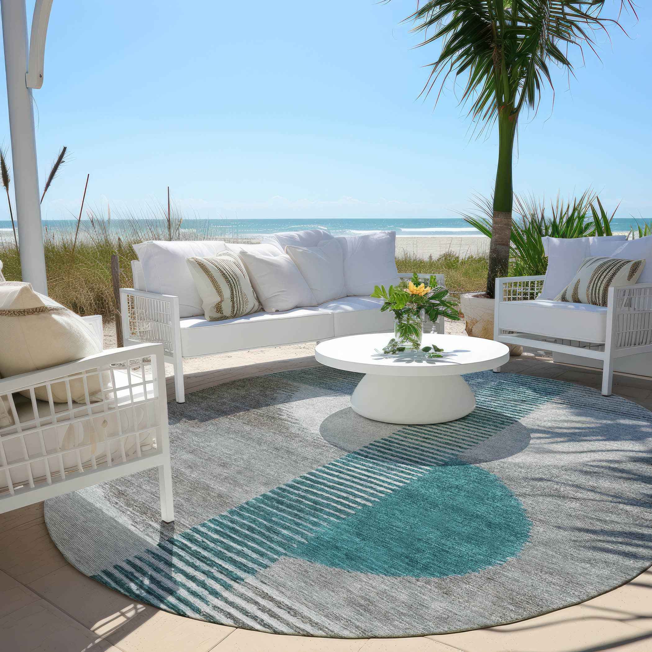 8' Teal Blue And Gray Round Geometric Washable Indoor Outdoor Area Rug