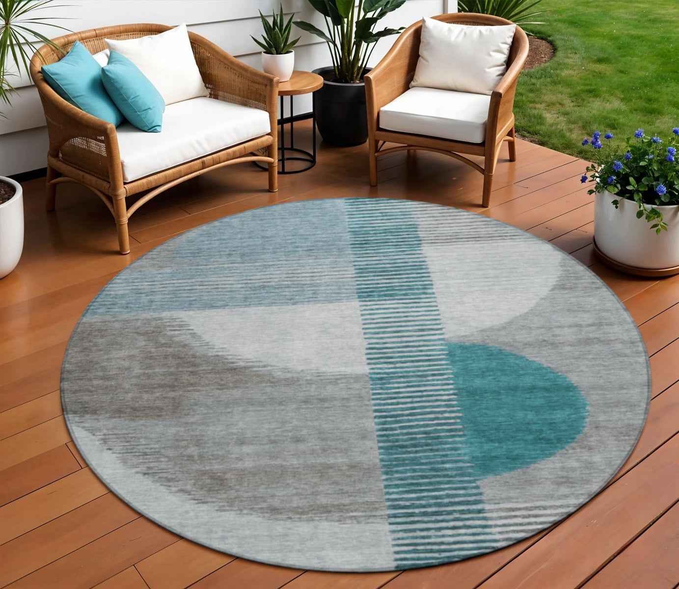 8' Teal Blue And Gray Round Geometric Washable Indoor Outdoor Area Rug