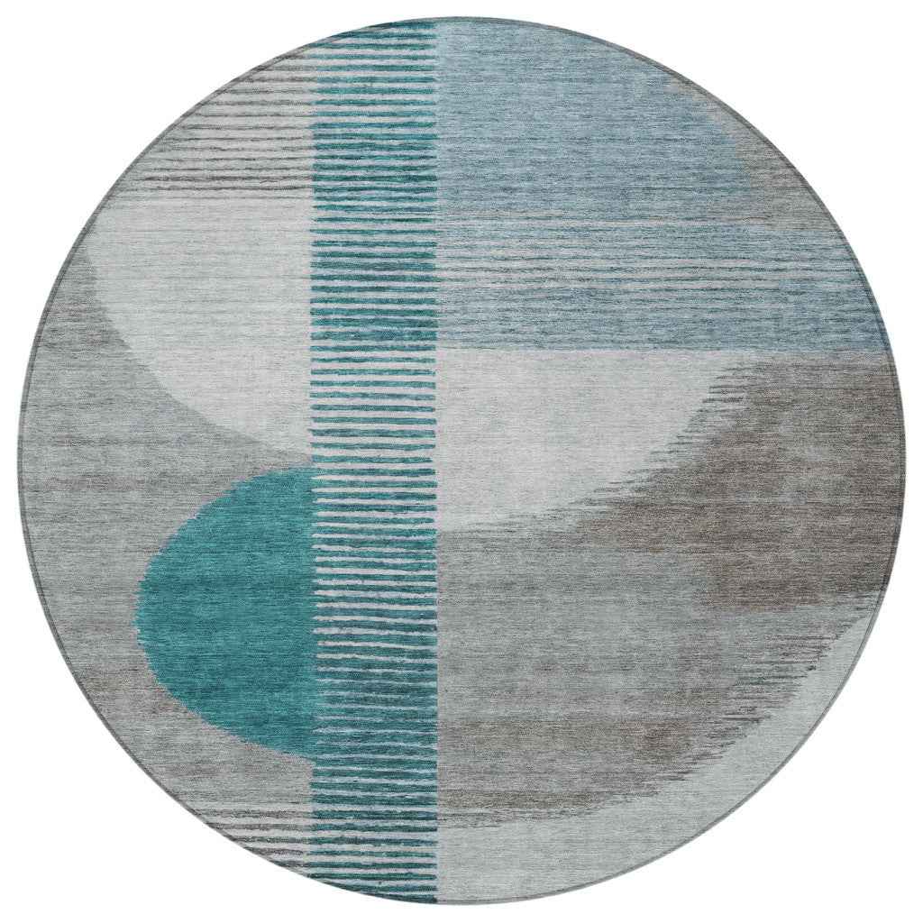 8' Teal Blue And Gray Round Geometric Washable Indoor Outdoor Area Rug