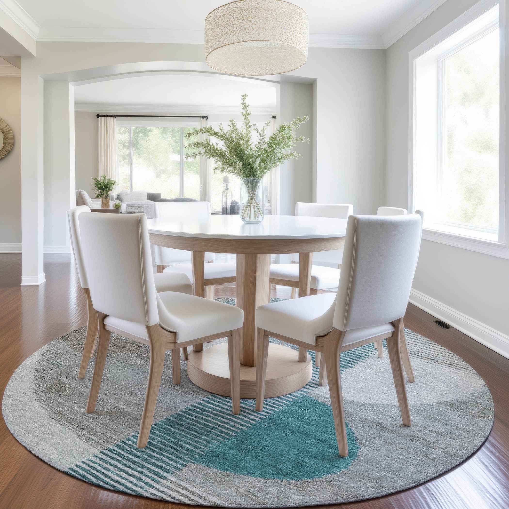 8' Teal Blue And Gray Round Geometric Washable Indoor Outdoor Area Rug