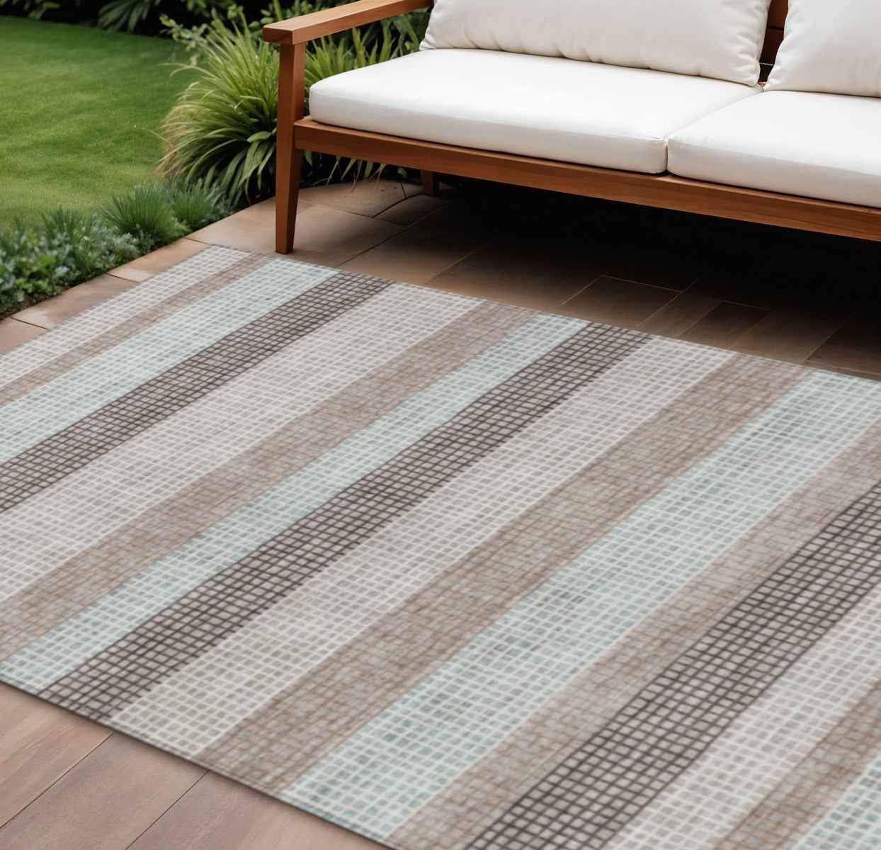 8' X 10' Taupe And Ivory Striped Washable Indoor Outdoor Area Rug