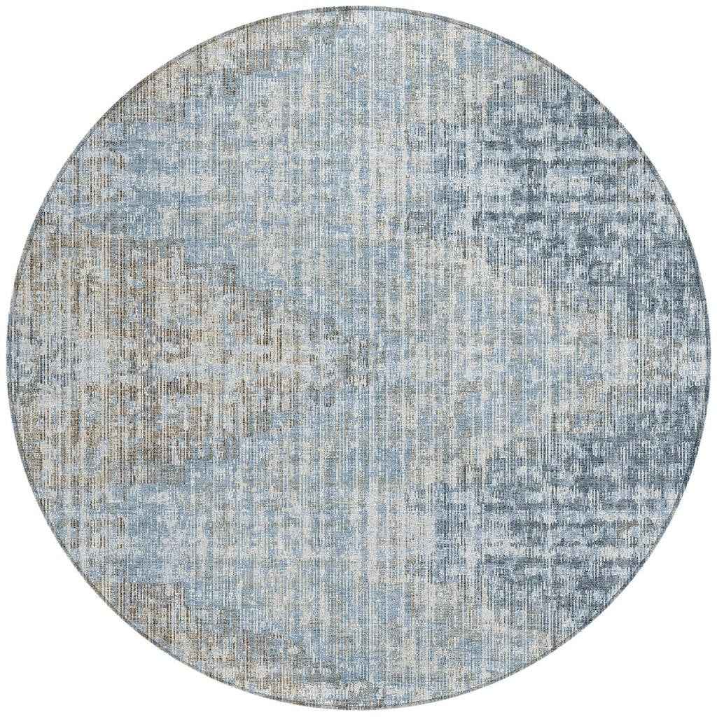 8' Denim Blue And Beige Round Geometric Washable Indoor Outdoor Area Rug