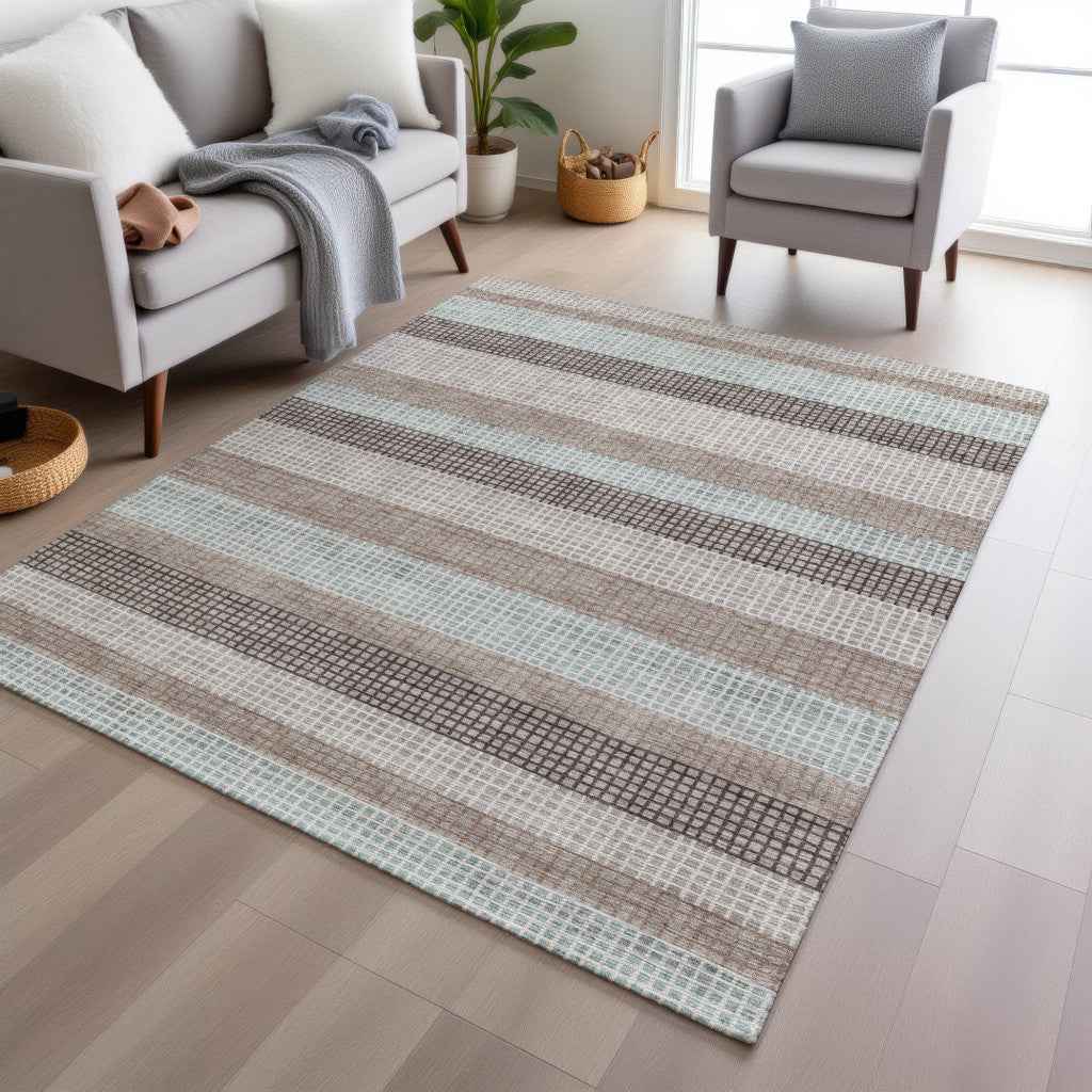 8' X 10' Taupe And Ivory Striped Washable Indoor Outdoor Area Rug