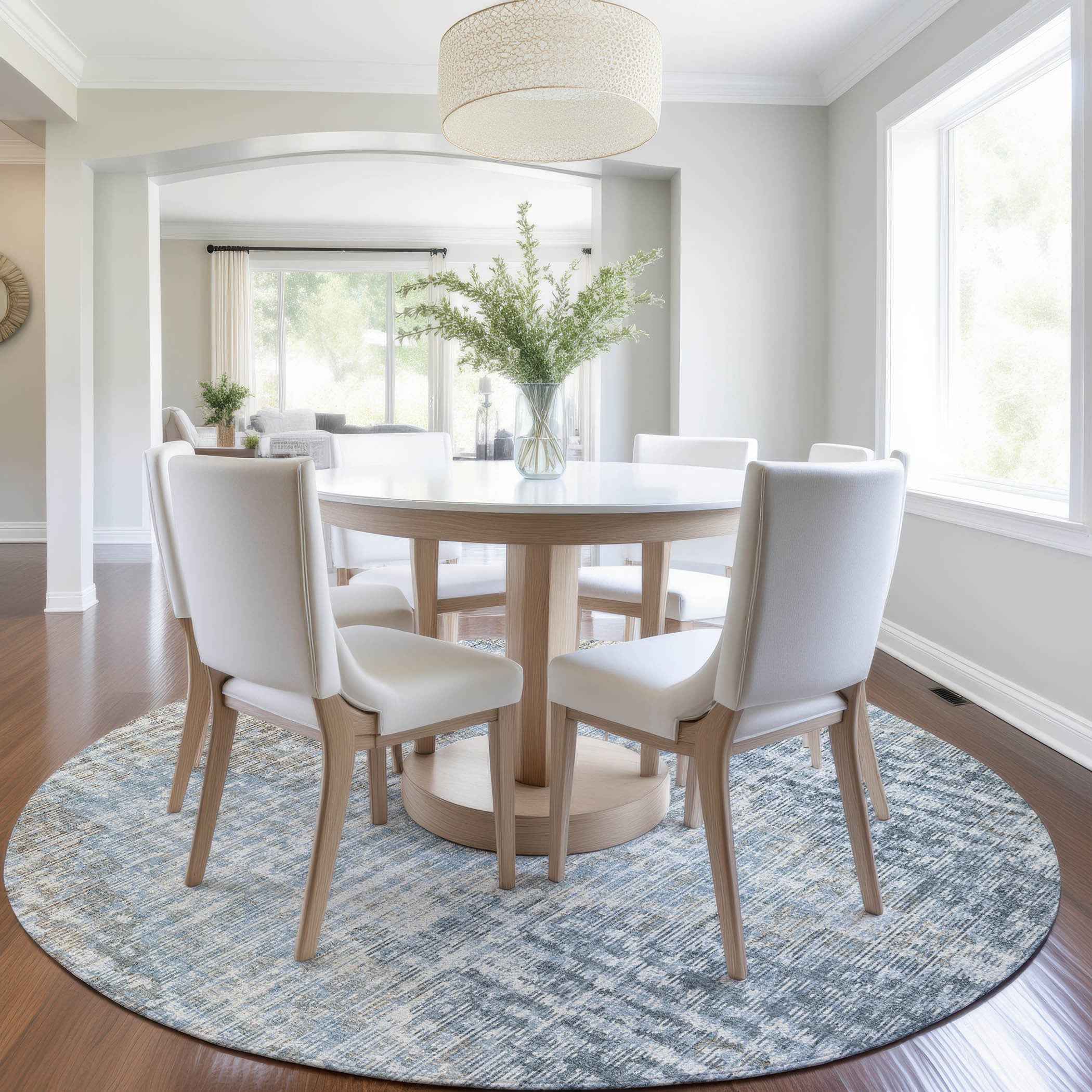 8' Denim Blue And Beige Round Geometric Washable Indoor Outdoor Area Rug