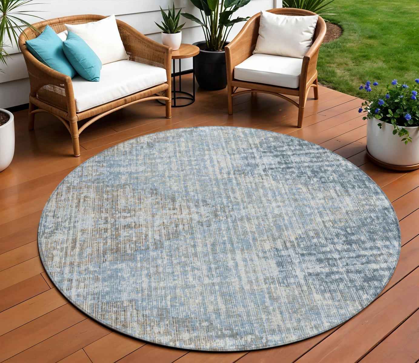 8' Denim Blue And Beige Round Geometric Washable Indoor Outdoor Area Rug