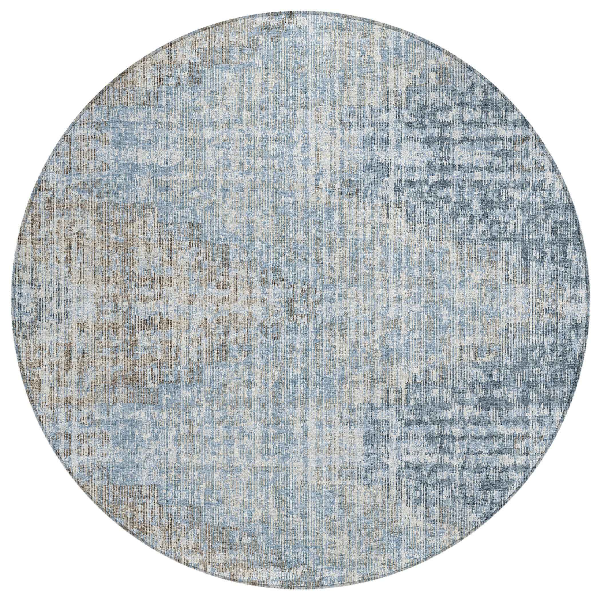 8' Denim Blue And Beige Round Geometric Washable Indoor Outdoor Area Rug
