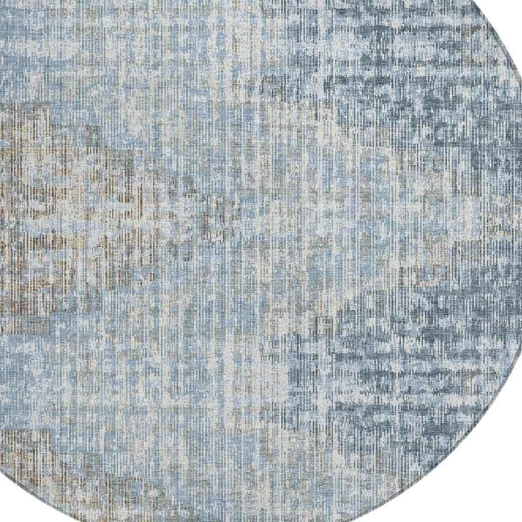 8' Denim Blue And Beige Round Geometric Washable Indoor Outdoor Area Rug