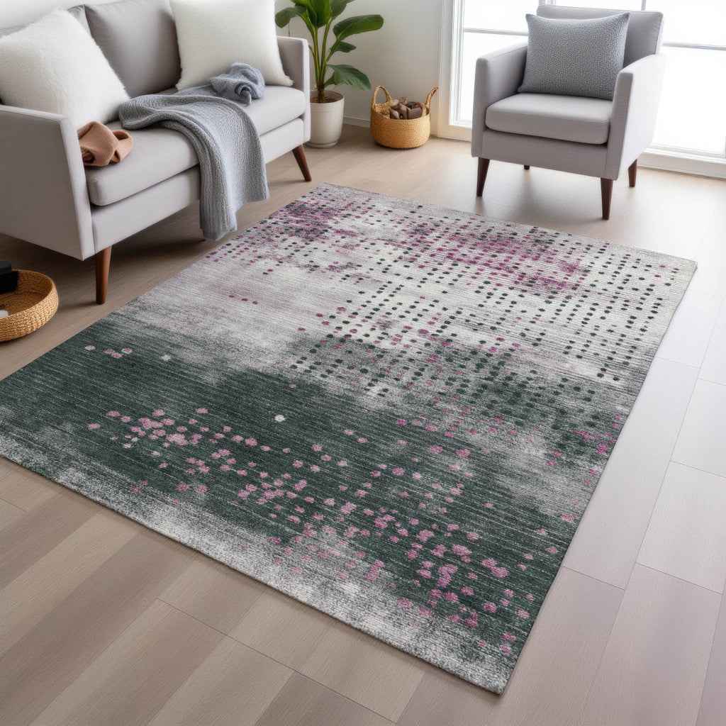 10' X 14' Blush And Emerald Geometric Washable Indoor Outdoor Area Rug