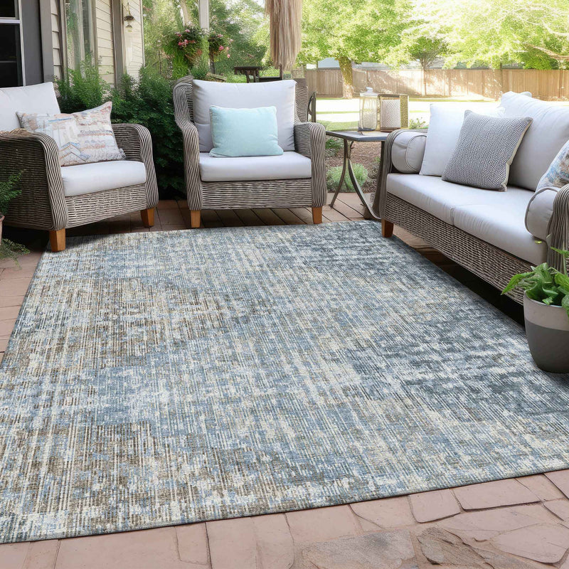 10' X 14' Denim Blue And Beige Geometric Washable Indoor Outdoor Area Rug