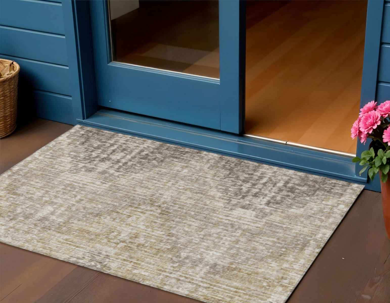 3' X 5' Khaki And Beige Geometric Washable Indoor Outdoor Area Rug