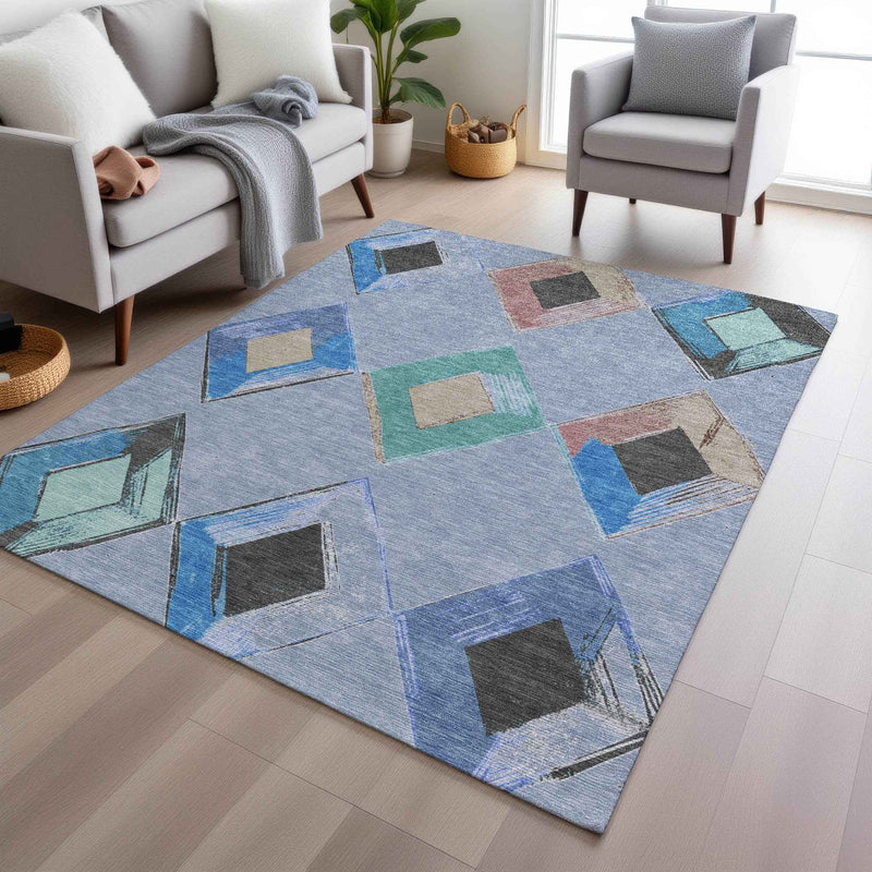 5' X 8' Denim Blue Mint Green And Gray Geometric Washable Indoor Outdoor Area Rug