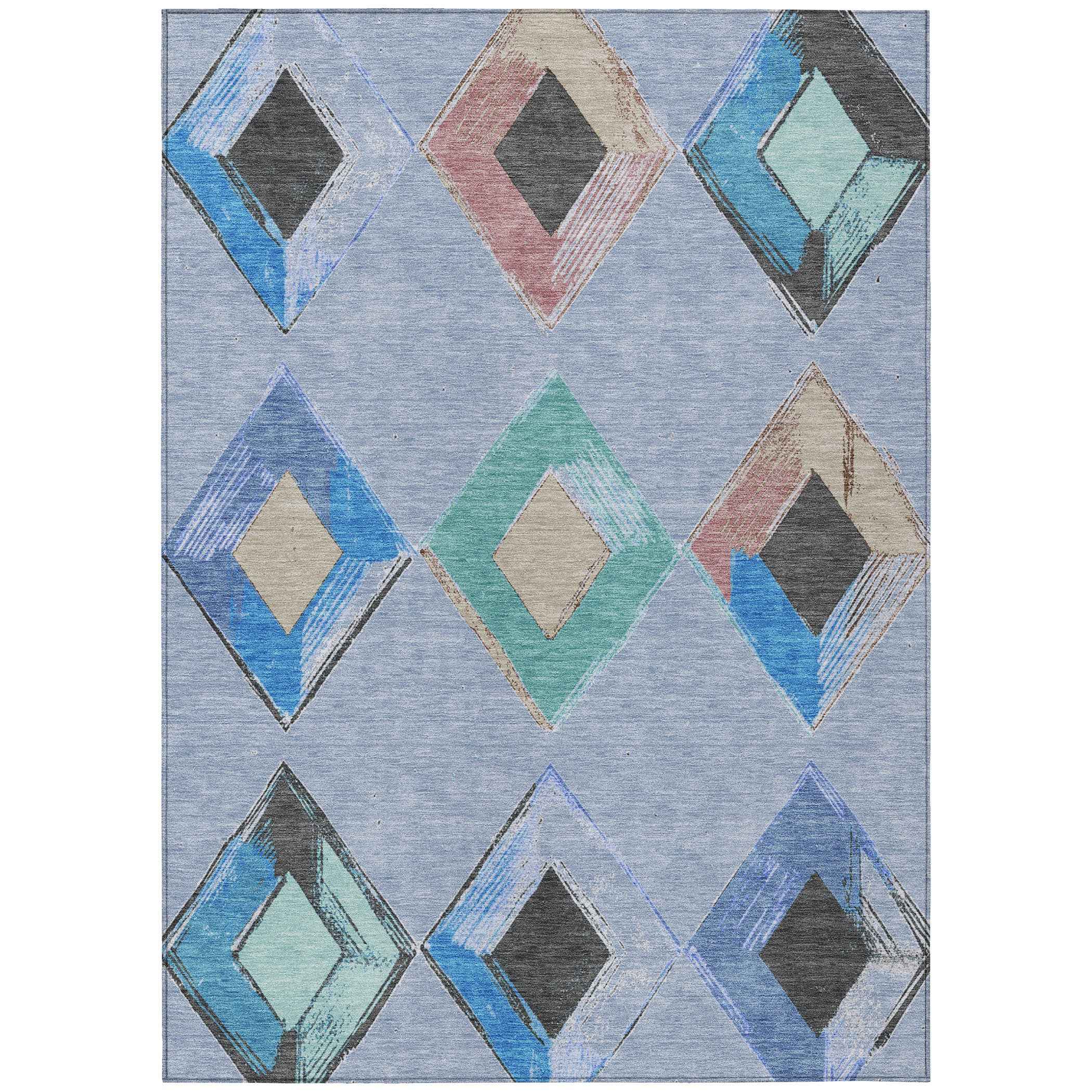 5' X 8' Denim Blue Mint Green And Gray Geometric Washable Indoor Outdoor Area Rug