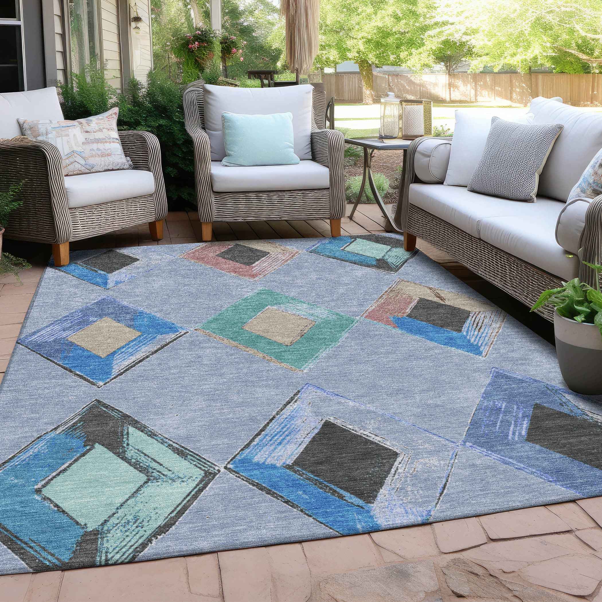 5' X 8' Denim Blue Mint Green And Gray Geometric Washable Indoor Outdoor Area Rug