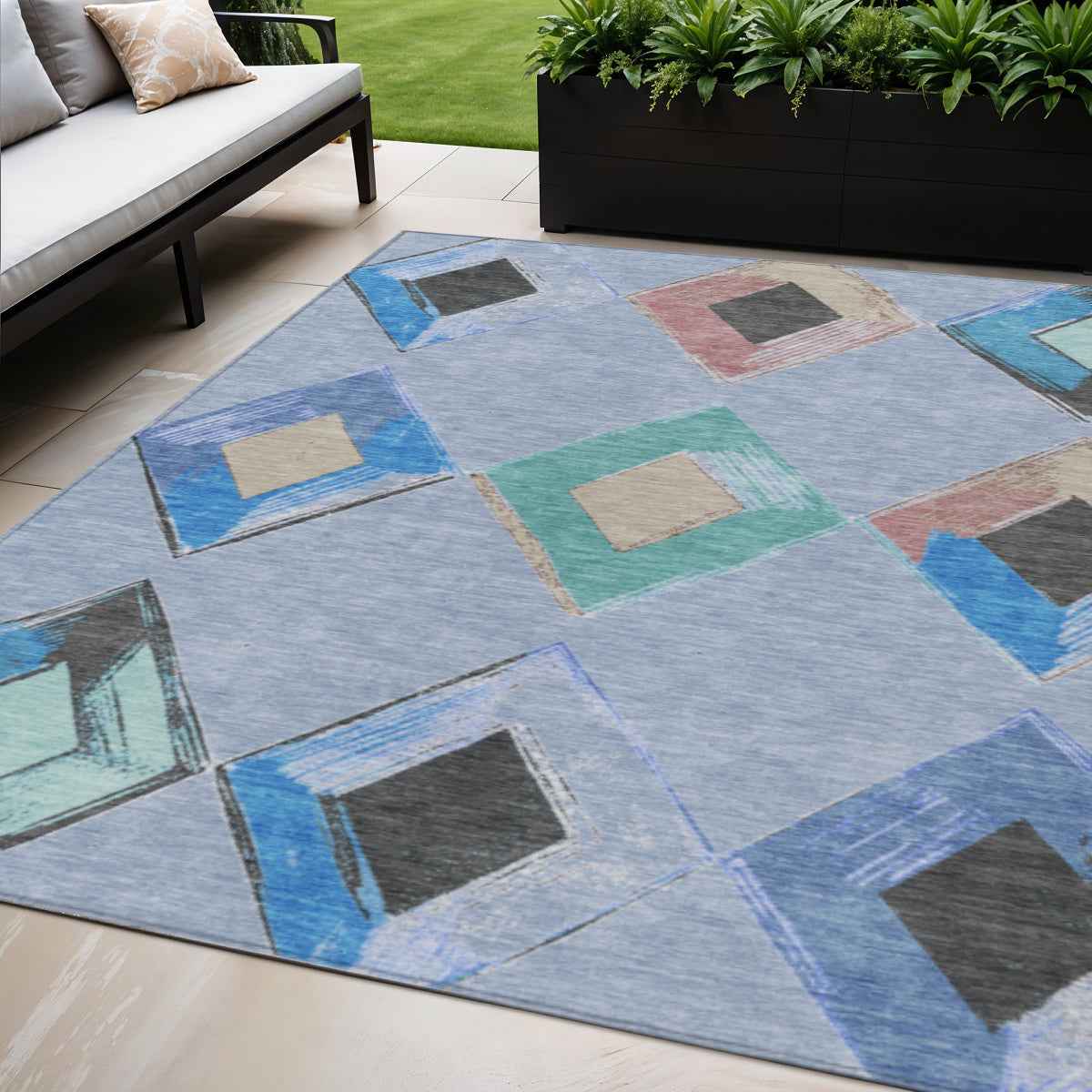 5' X 8' Denim Blue Mint Green And Gray Geometric Washable Indoor Outdoor Area Rug