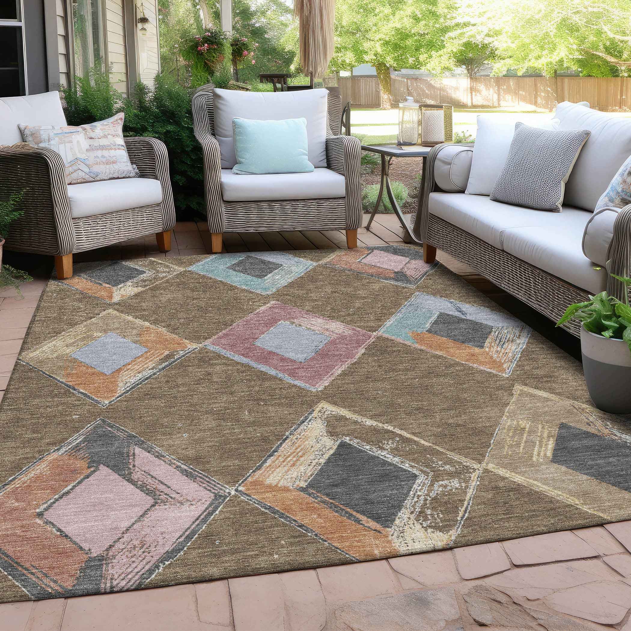 3' X 5' Brown Mauve And Charcoal Geometric Washable Indoor Outdoor Area Rug