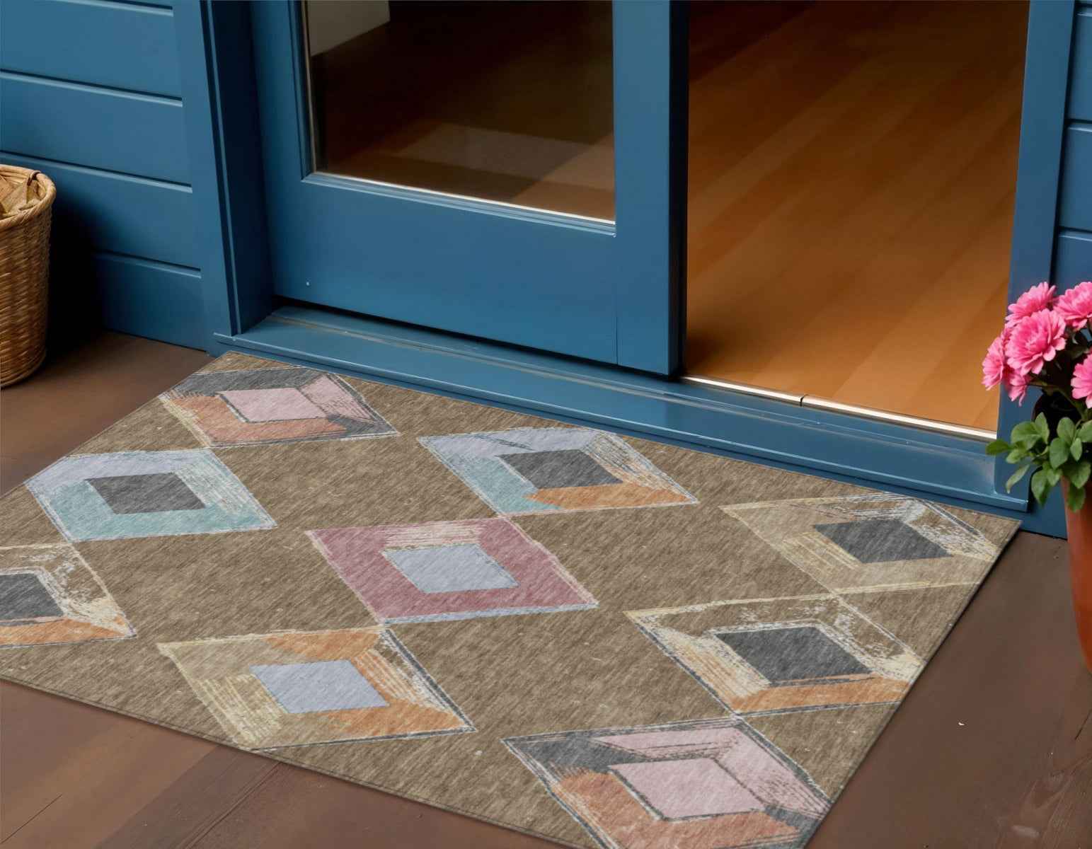 3' X 5' Brown Mauve And Charcoal Geometric Washable Indoor Outdoor Area Rug