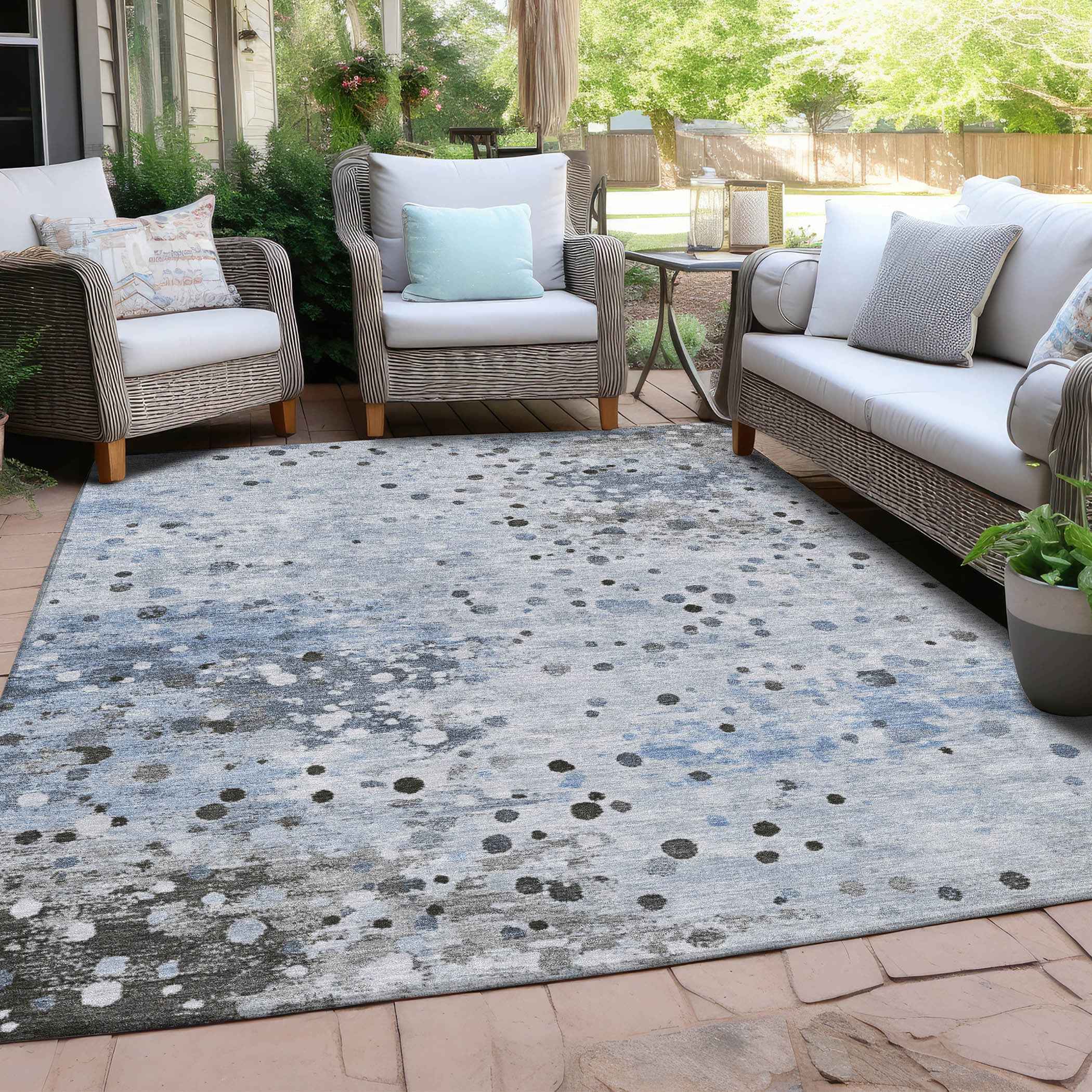 8' X 10' Sky Blue And Gray Abstract Washable Indoor Outdoor Area Rug