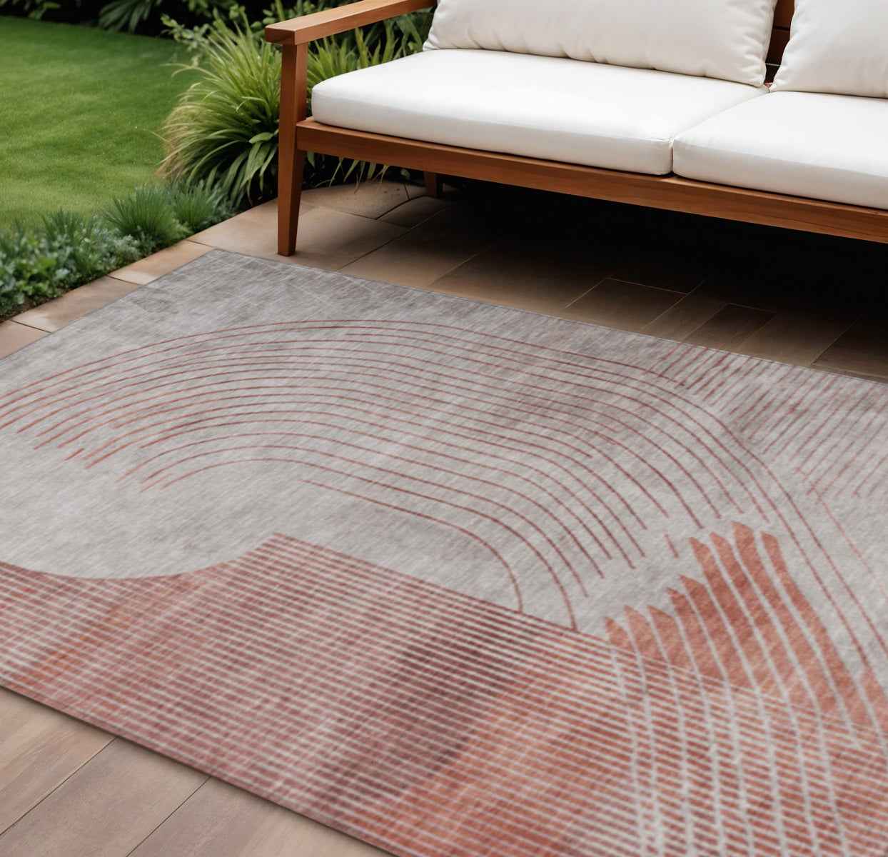 10' X 14' Salmon And Beige Geometric Washable Indoor Outdoor Area Rug