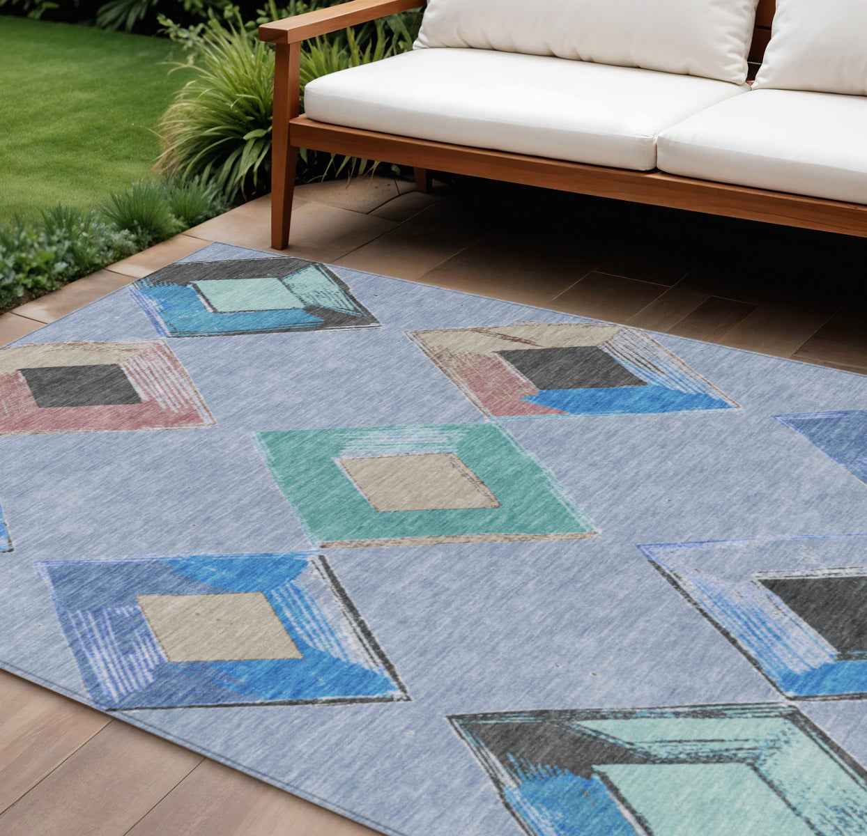 9' X 12' Denim Blue Mint Green And Gray Geometric Washable Indoor Outdoor Area Rug