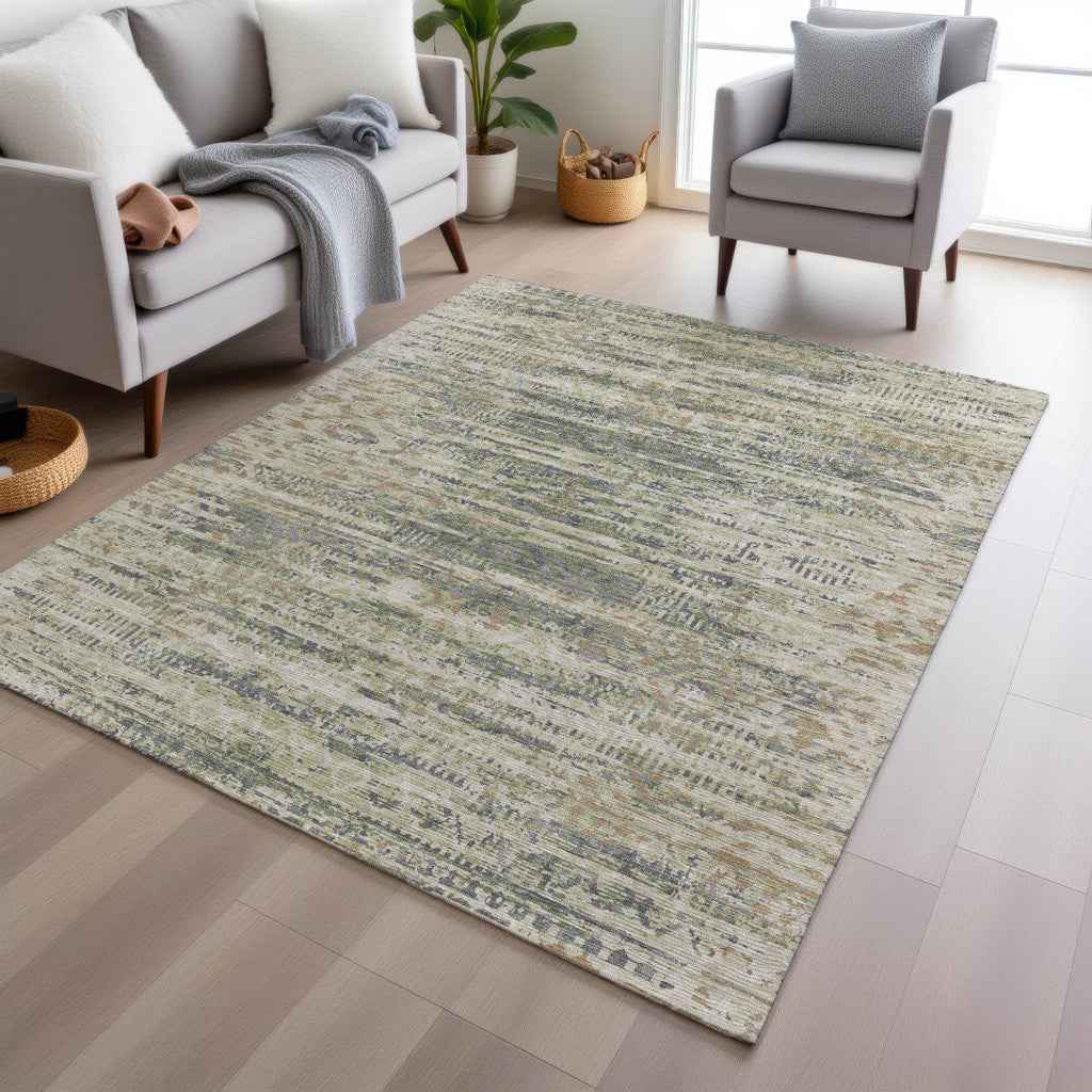 5' X 8' Artichoke Green And Beige Moroccan Washable Indoor Outdoor Area Rug