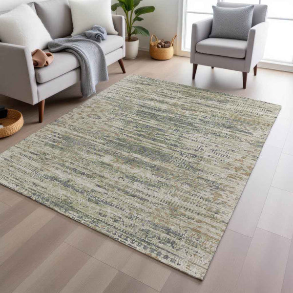 5' X 8' Artichoke Green And Beige Moroccan Washable Indoor Outdoor Area Rug