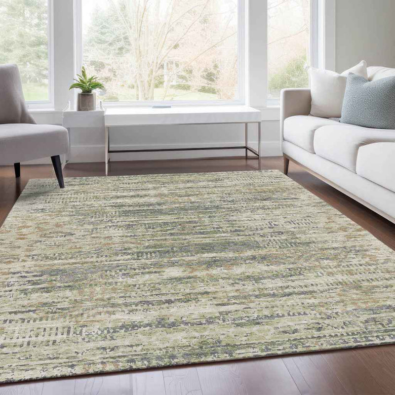 5' X 8' Artichoke Green And Beige Moroccan Washable Indoor Outdoor Area Rug