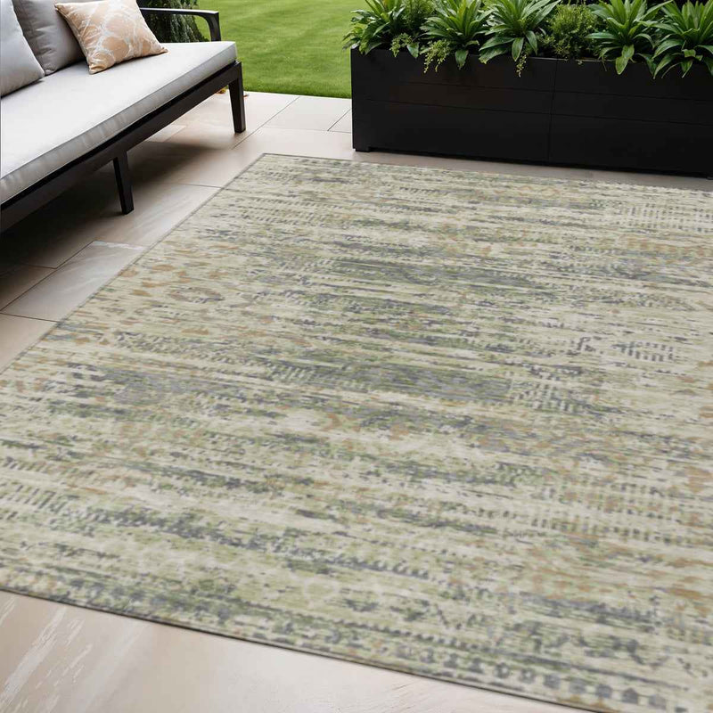 5' X 8' Artichoke Green And Beige Moroccan Washable Indoor Outdoor Area Rug