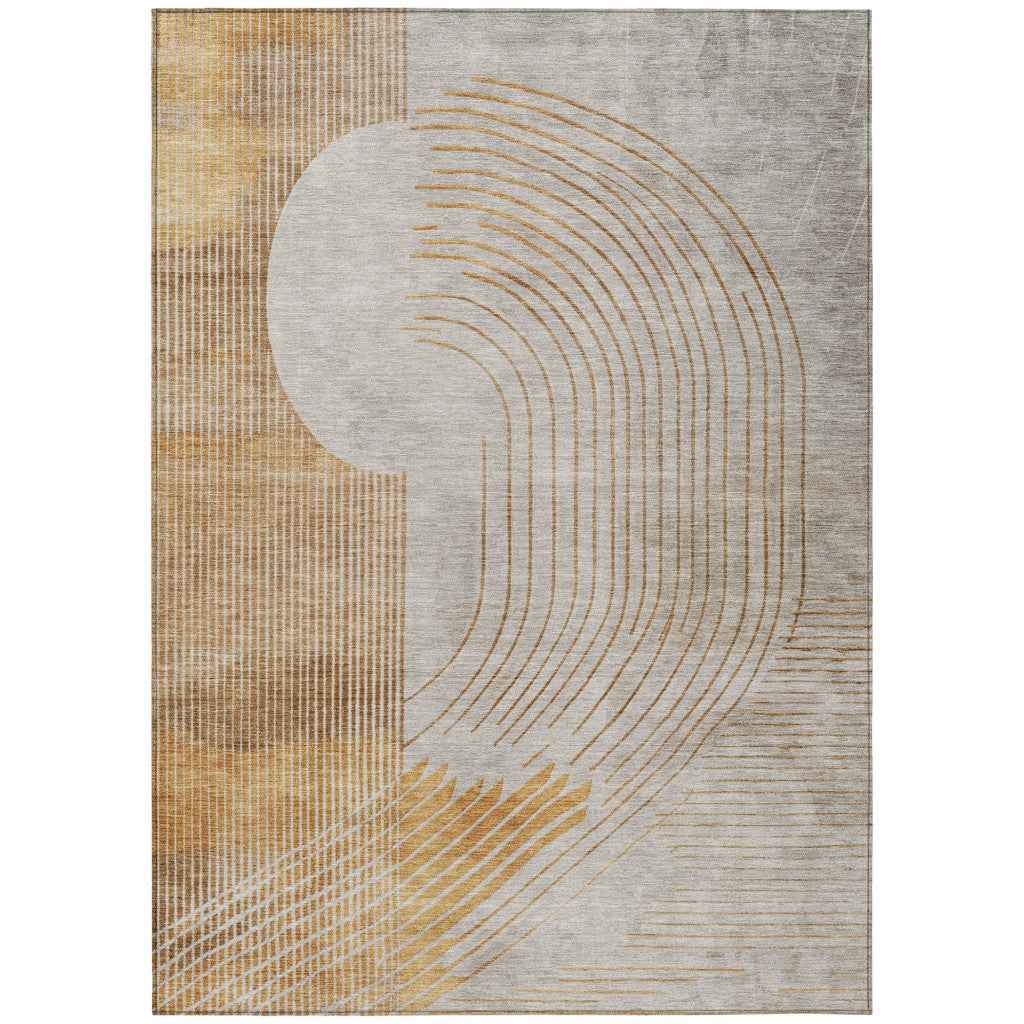 8' X 10' Gold And Ivory Geometric Washable Indoor Outdoor Area Rug