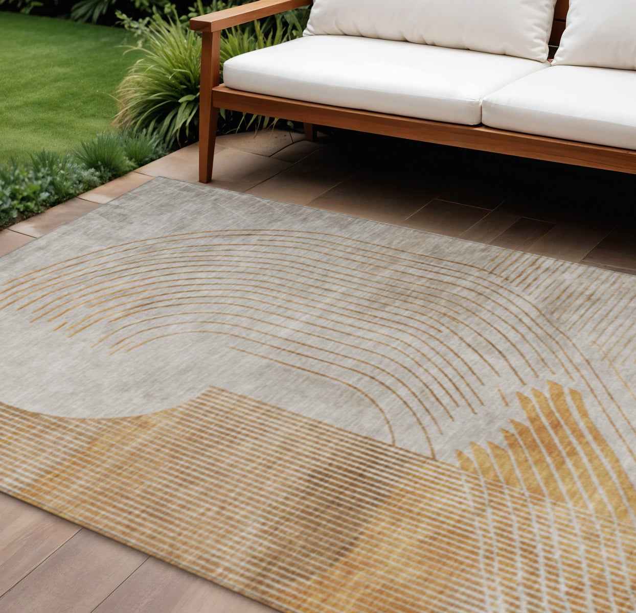 8' X 10' Gold And Ivory Geometric Washable Indoor Outdoor Area Rug