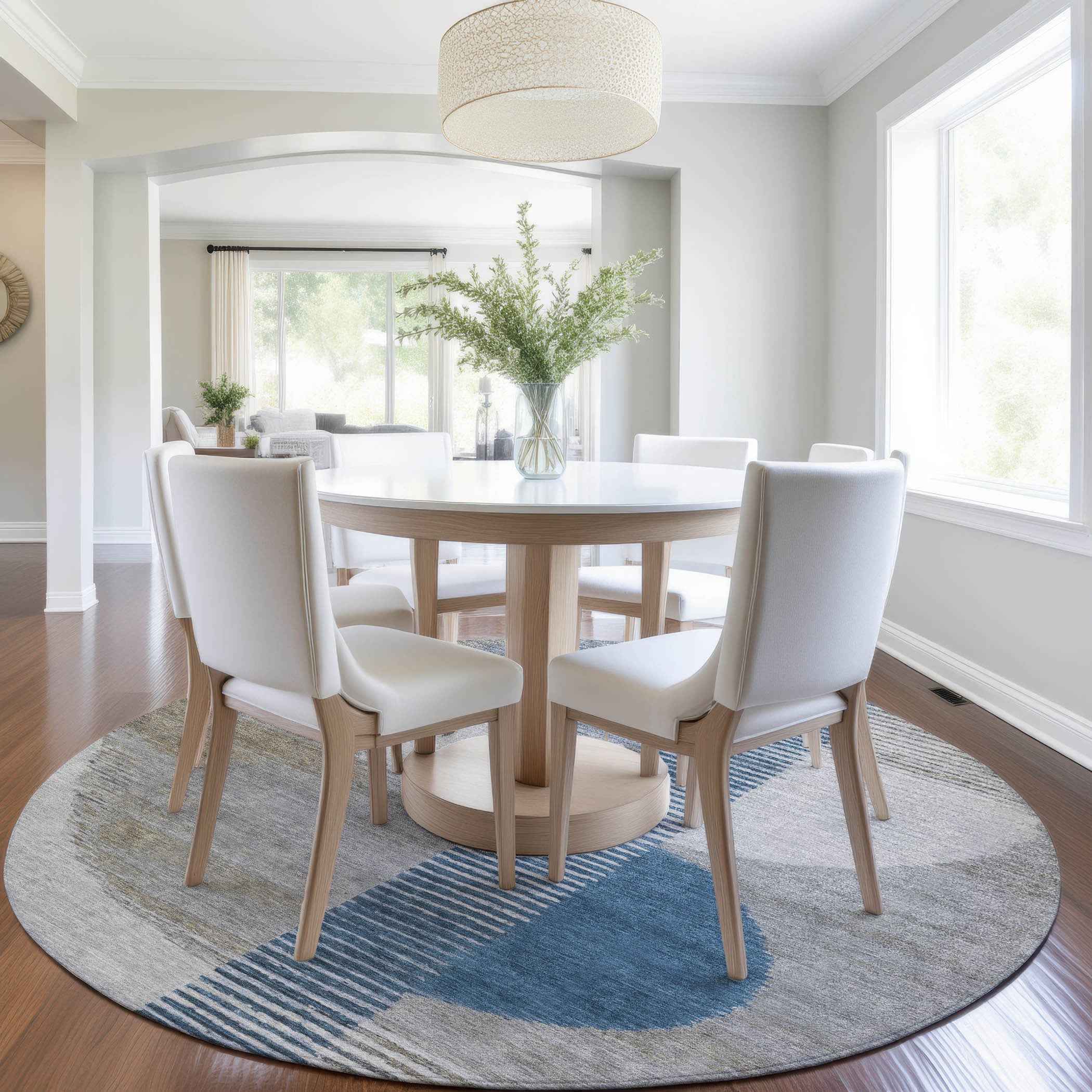 8' Denim Blue And Ivory Round Geometric Washable Indoor Outdoor Area Rug