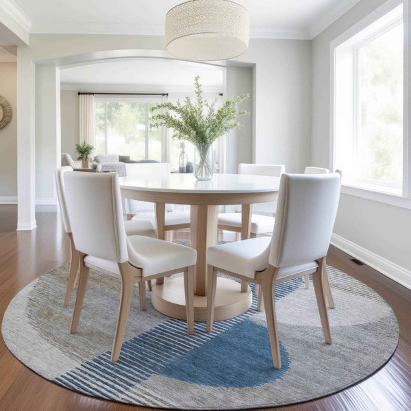 8' Denim Blue And Ivory Round Geometric Washable Indoor Outdoor Area Rug