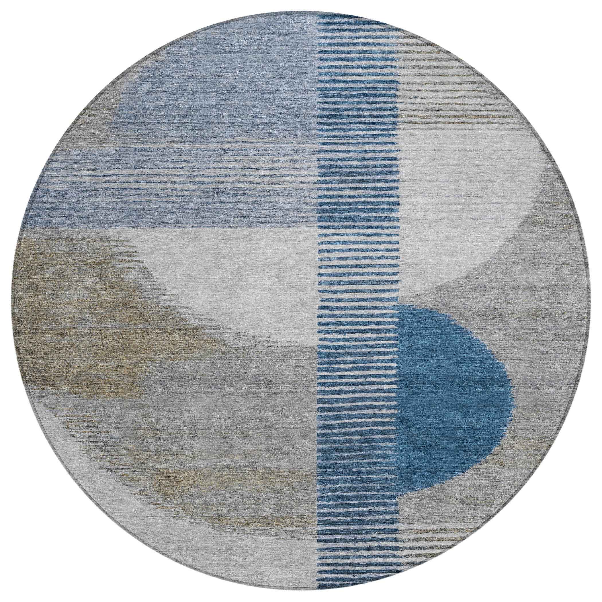 8' Denim Blue And Ivory Round Geometric Washable Indoor Outdoor Area Rug