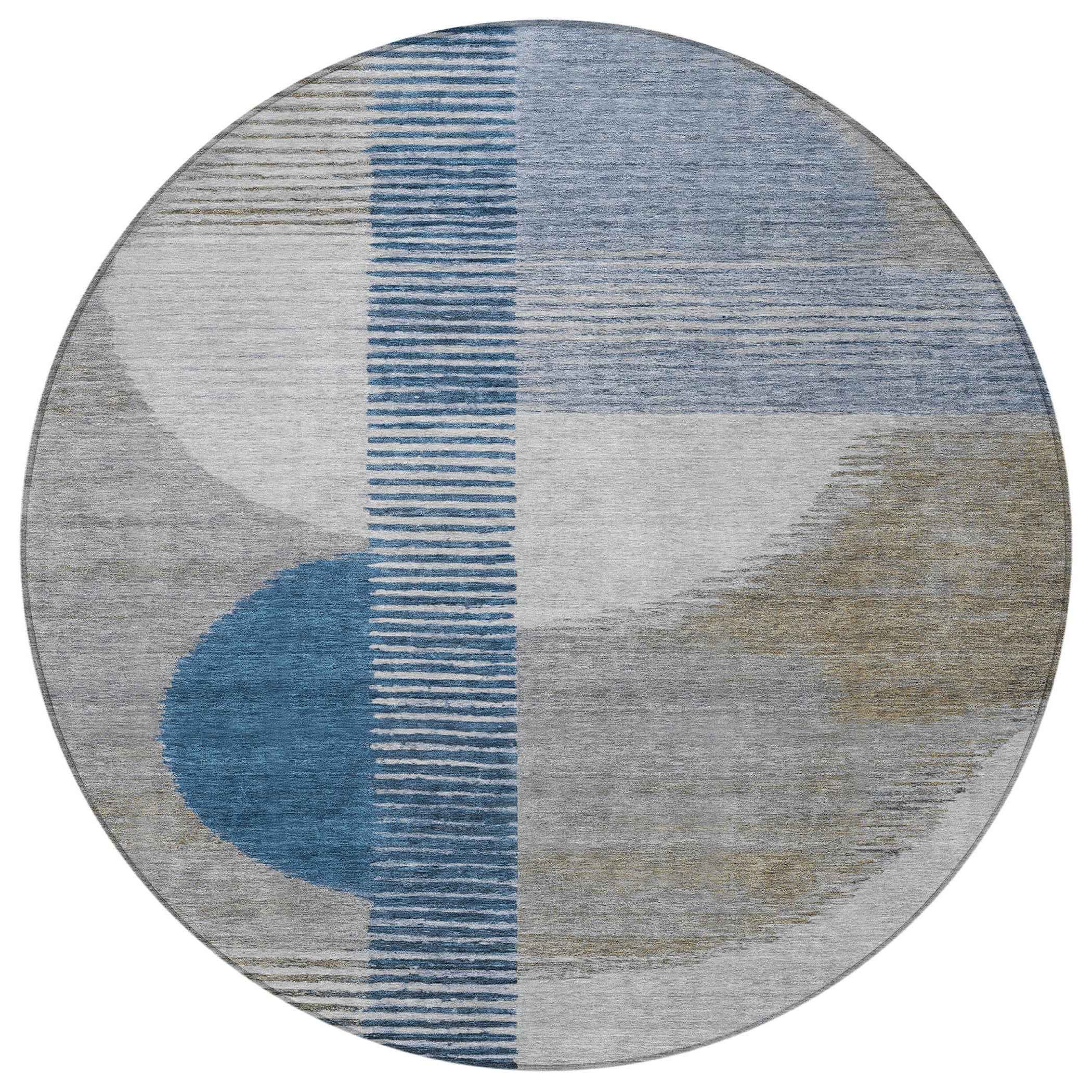 8' Denim Blue And Ivory Round Geometric Washable Indoor Outdoor Area Rug