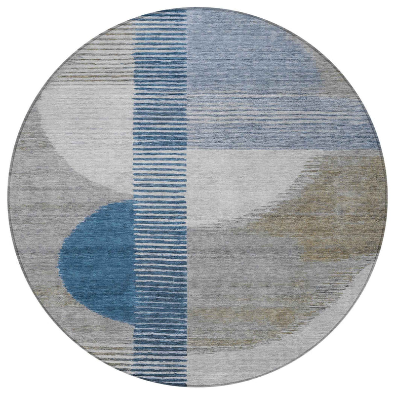 8' Denim Blue And Ivory Round Geometric Washable Indoor Outdoor Area Rug