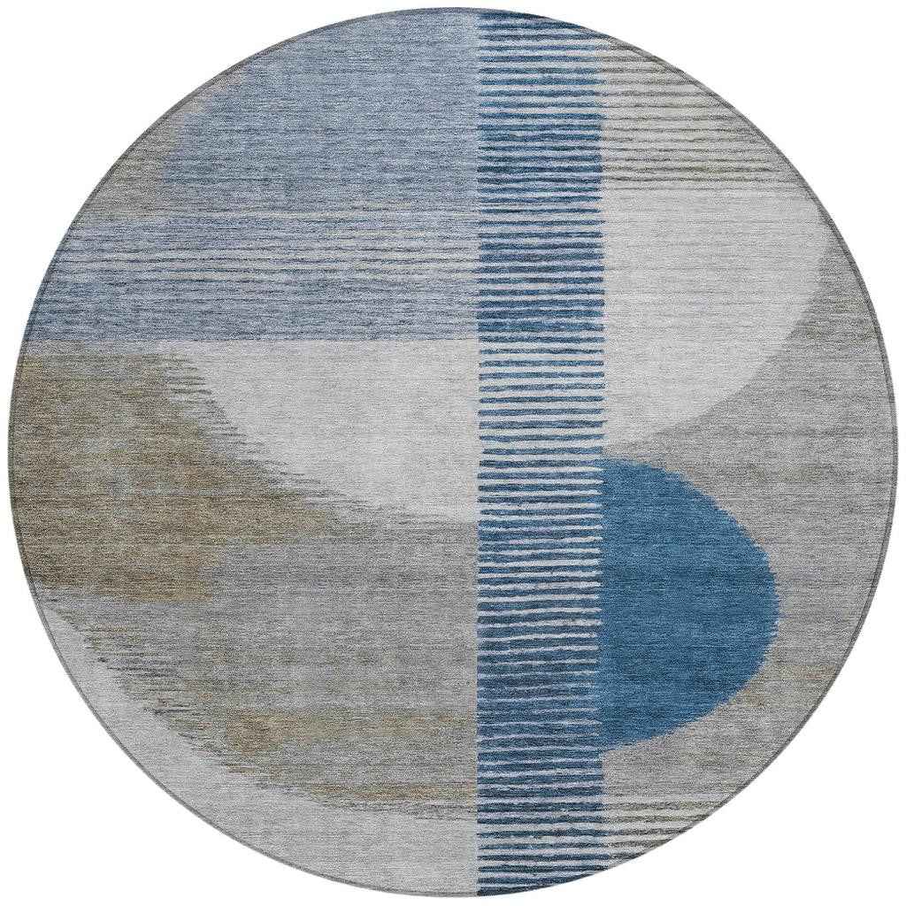 8' Denim Blue And Ivory Round Geometric Washable Indoor Outdoor Area Rug