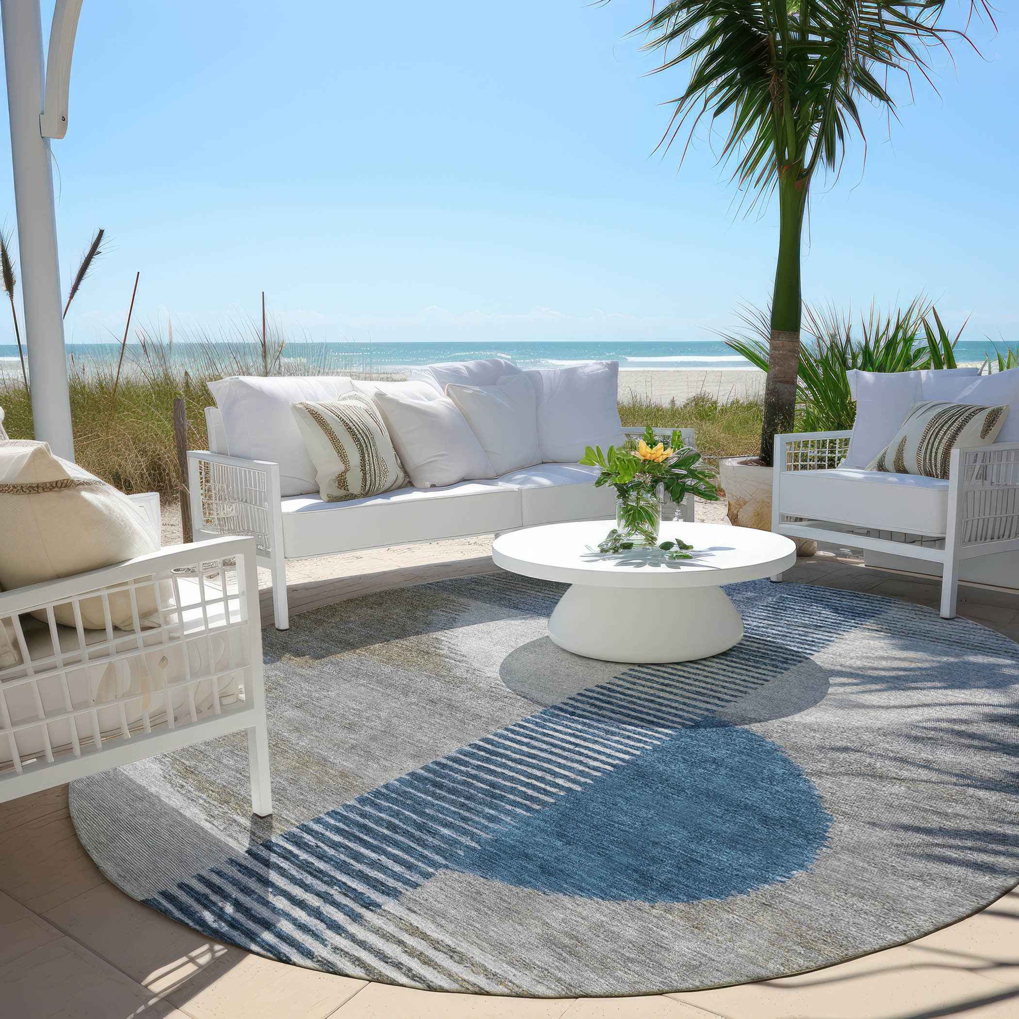 8' Denim Blue And Ivory Round Geometric Washable Indoor Outdoor Area Rug