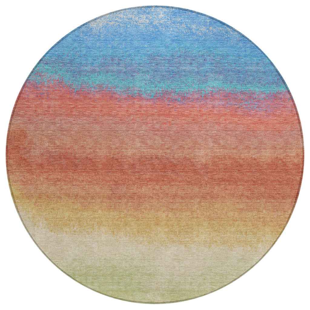 8' Coral And Blue Round Ombre Washable Indoor Outdoor Area Rug